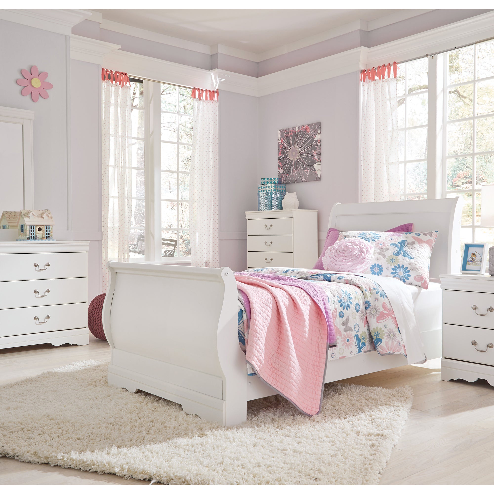 Anarasia Twin Sleigh Bed with Mirrored Dresser