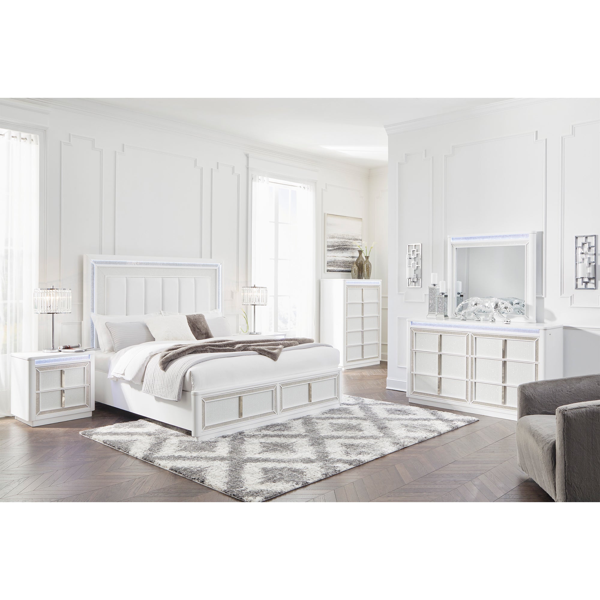 Chalanna Queen Upholstered Storage Bed with Mirrored Dresser