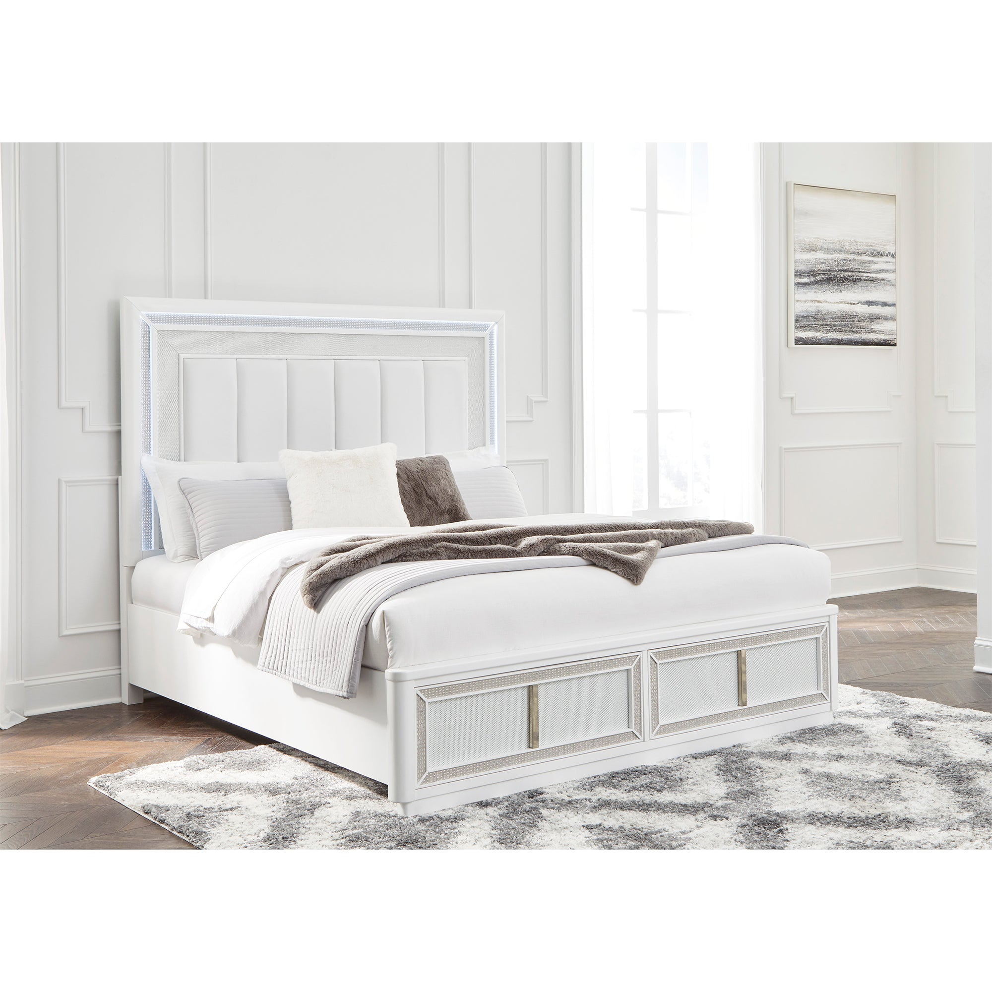 Chalanna Queen Upholstered Storage Bed with Mirrored Dresser