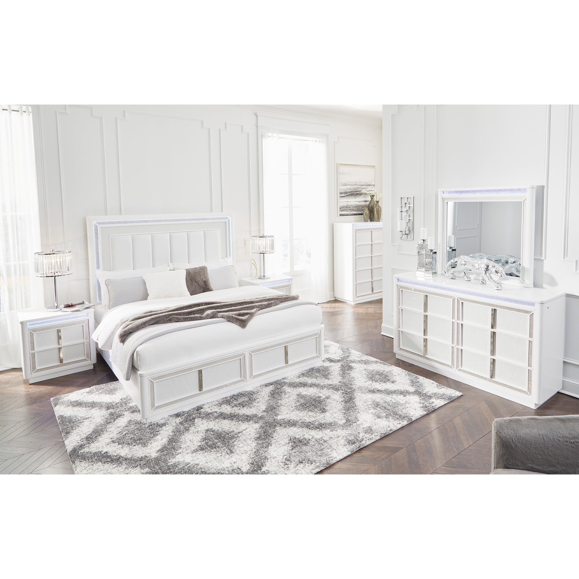 Chalanna Queen Upholstered Storage Bed with Mirrored Dresser