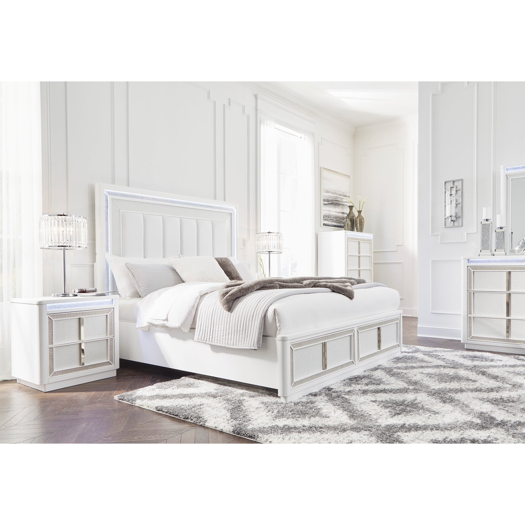 Chalanna Queen Upholstered Storage Bed with Mirrored Dresser