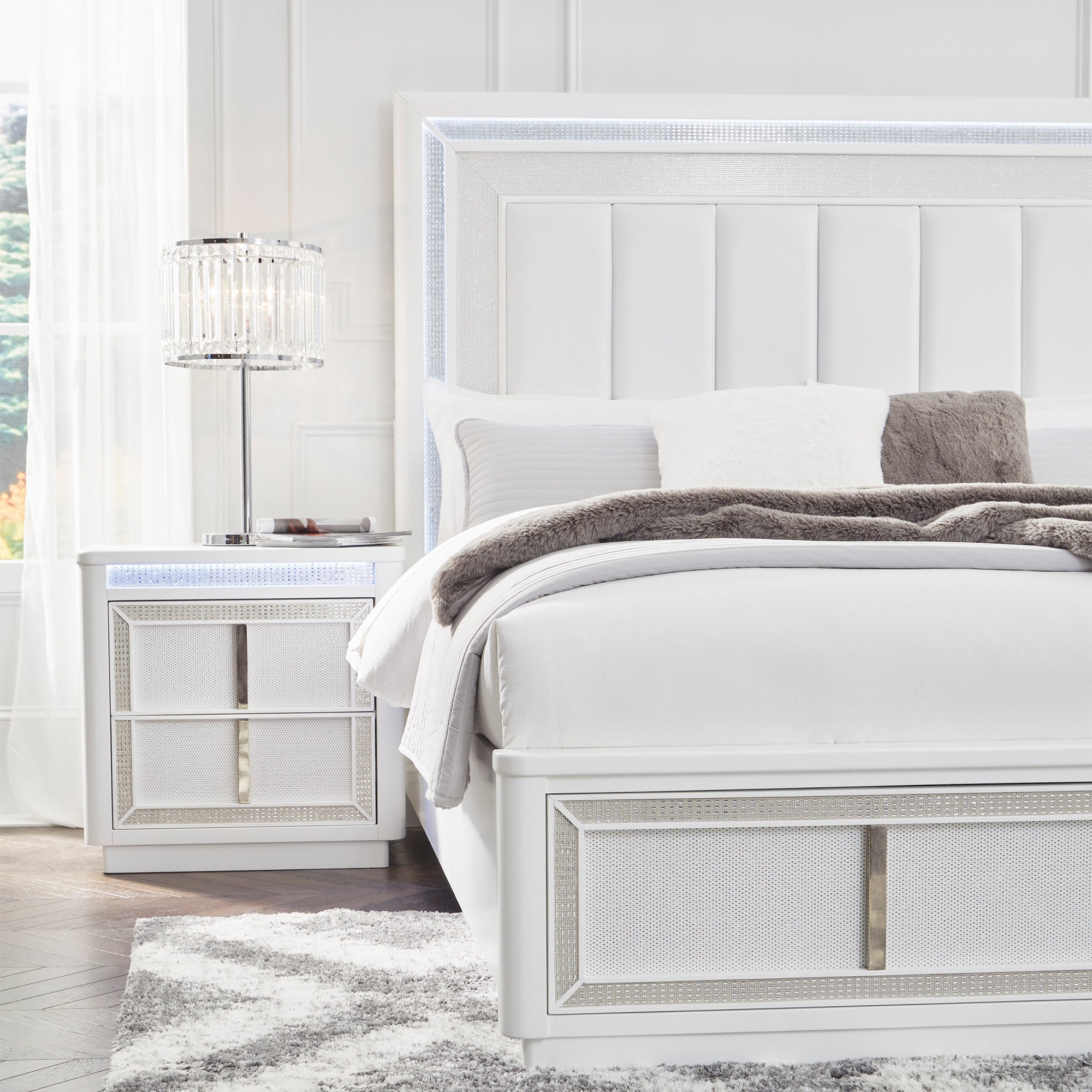 Chalanna Queen Upholstered Storage Bed with Mirrored Dresser