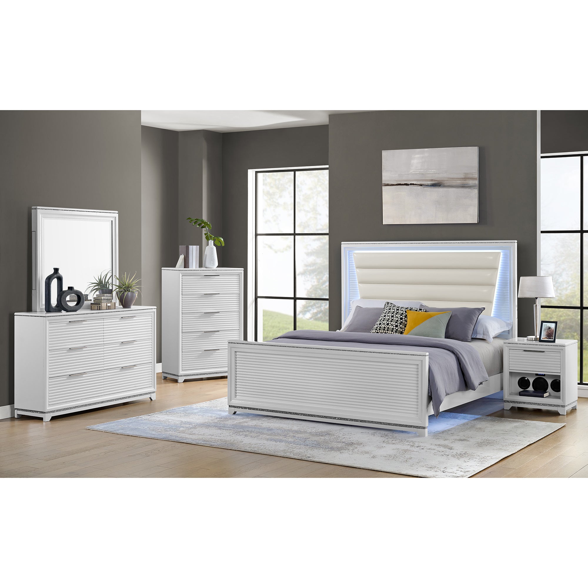Denmark King Upholstered Bed with Mirrored Dresser