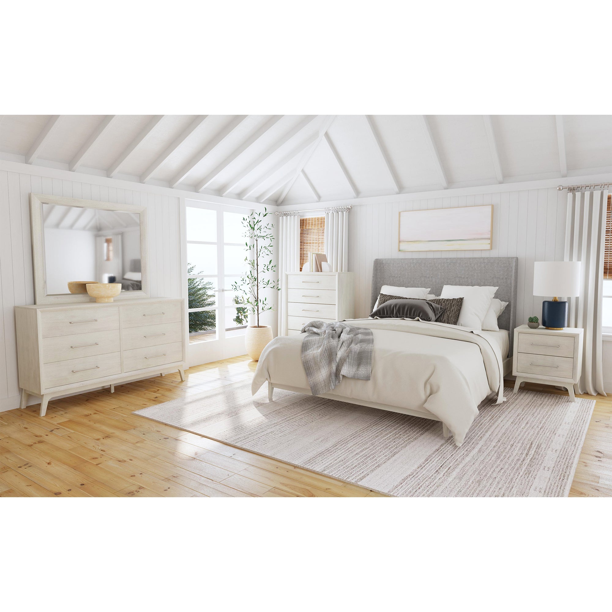 Westland Queen Upholstered Bed with Mirrored Dresser