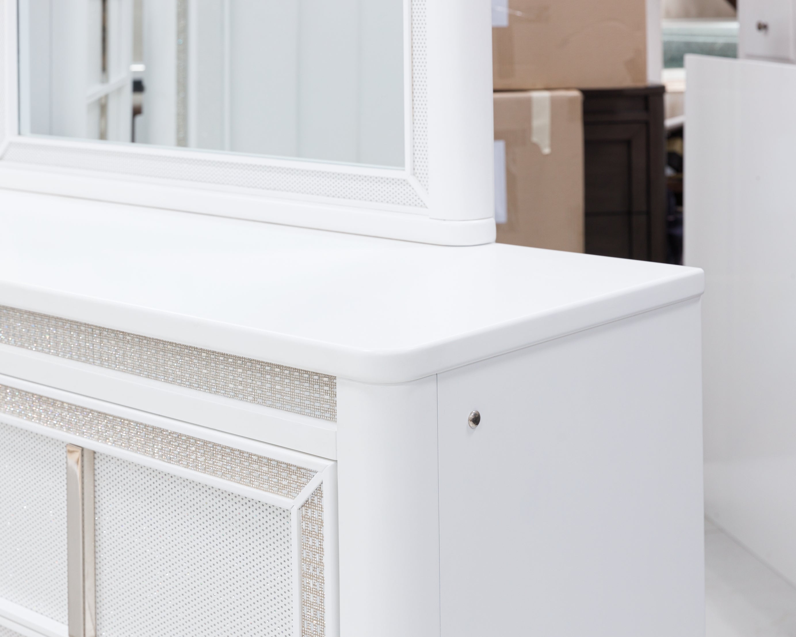 Chalanna Queen Upholstered Storage Bed with Mirrored Dresser, Chest and Nightstand