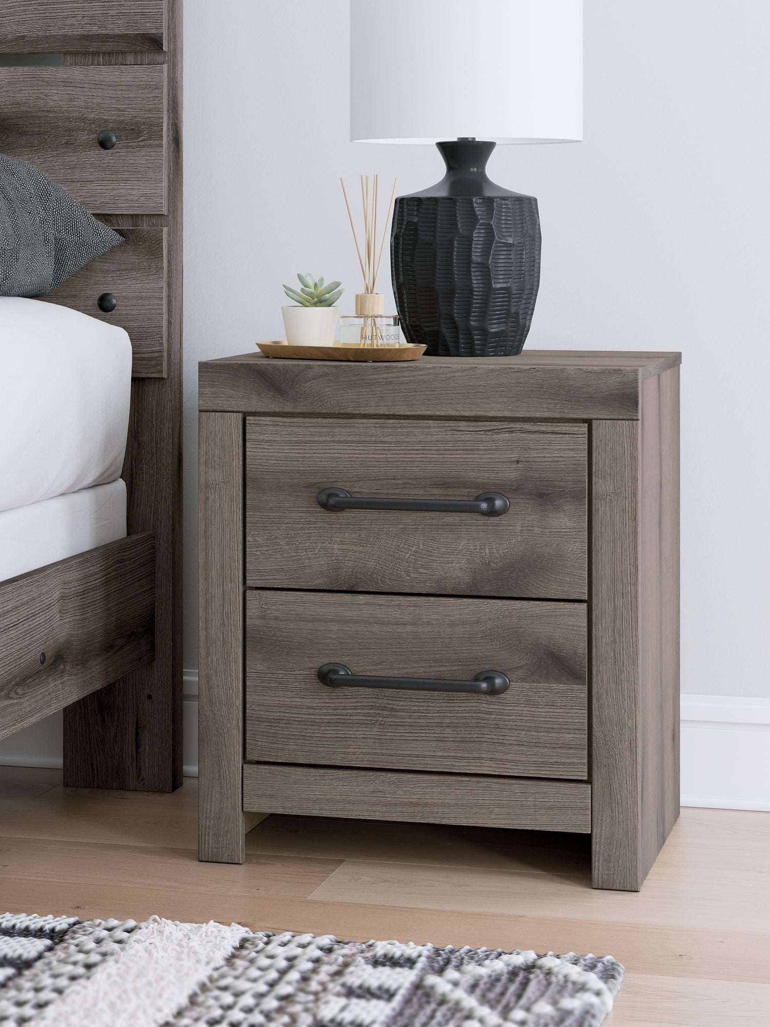 Graystorm Full Panel Bed with Storage with Mirrored Dresser and Nightstand