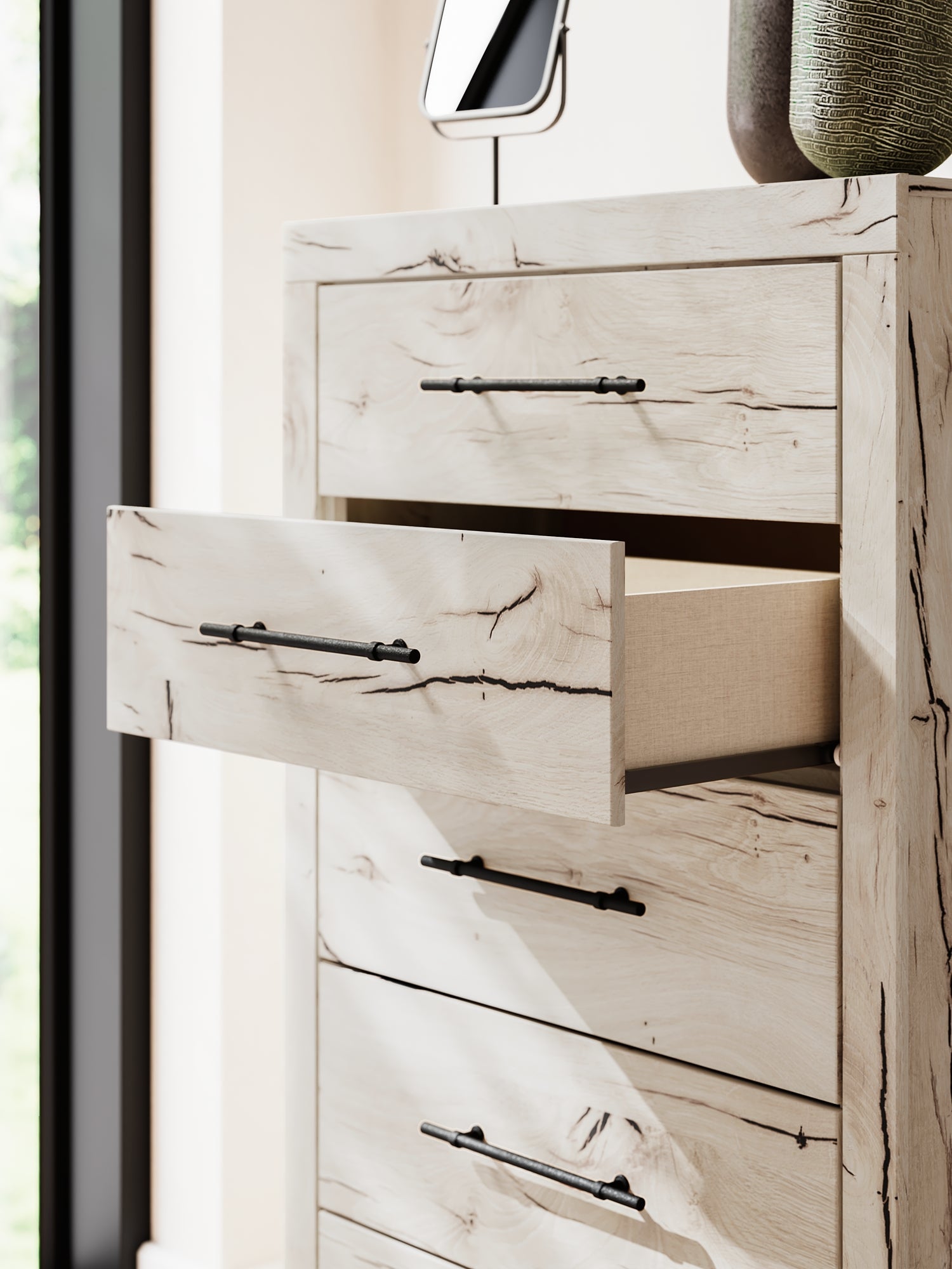 Lawroy King Panel Storage Bed with Mirrored Dresser and Chest