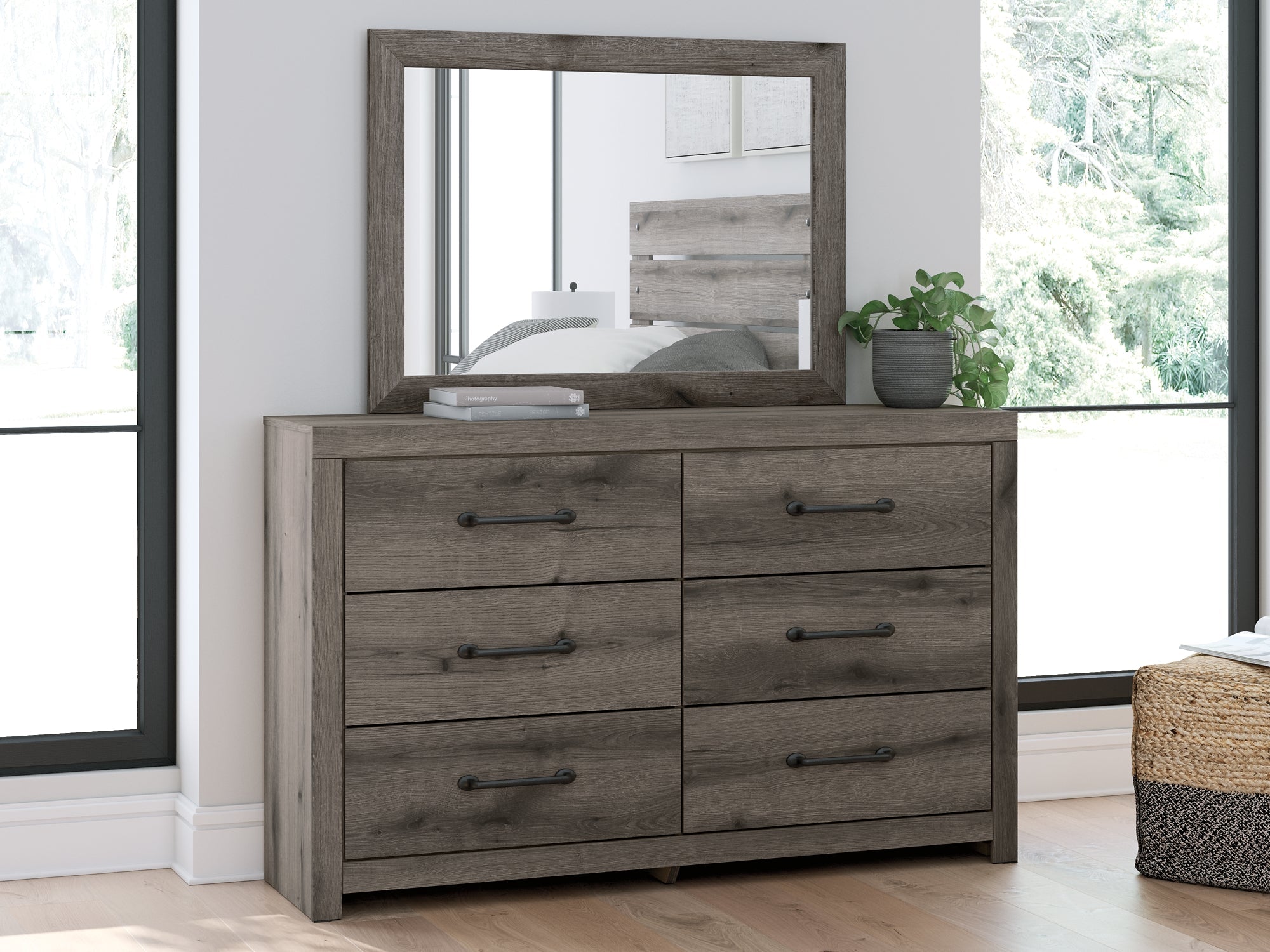 Graystorm Twin Panel Bed with Mirrored Dresser and Chest