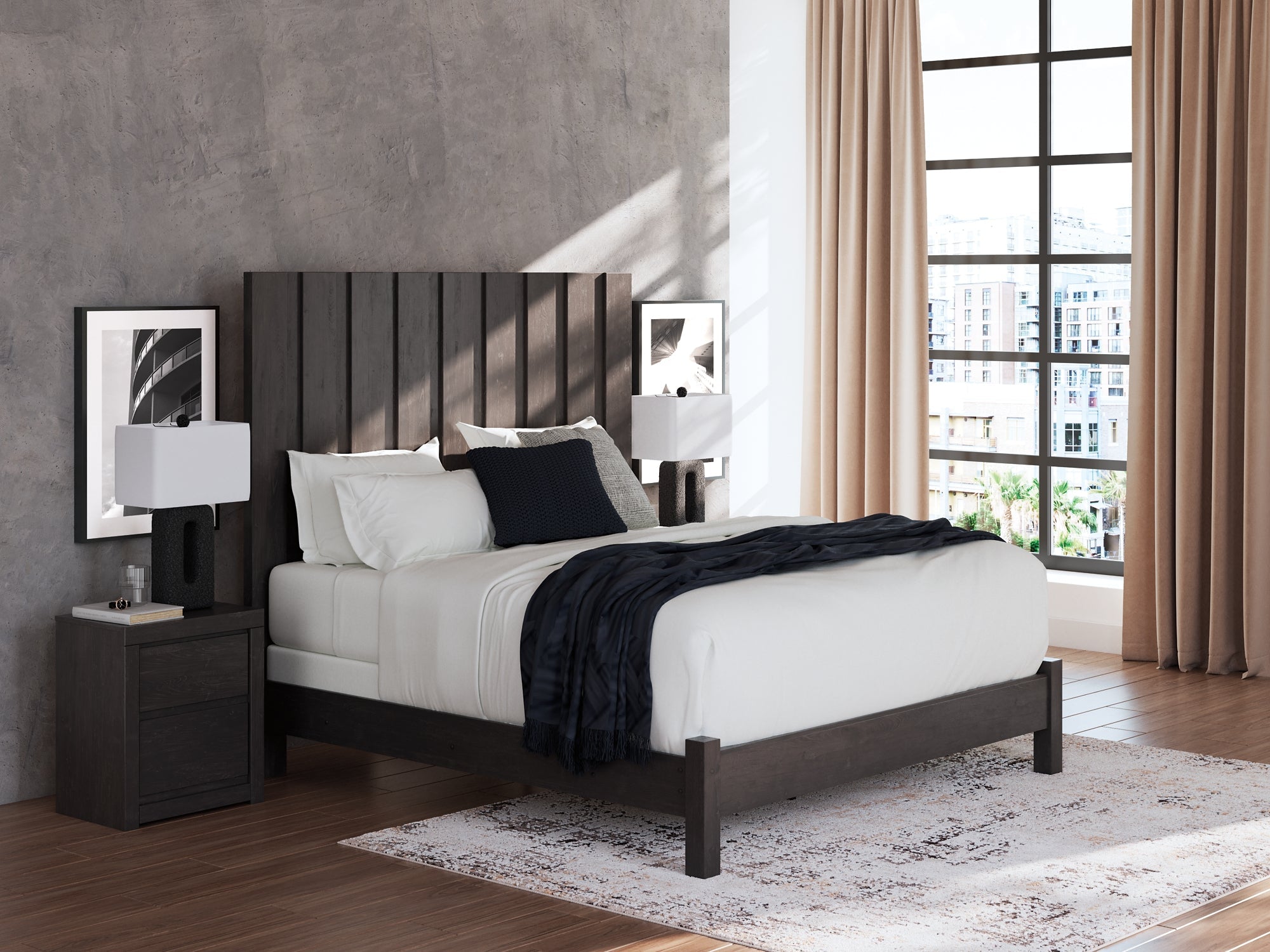 Fraluna King Panel Bed with Mirrored Dresser and Nightstand