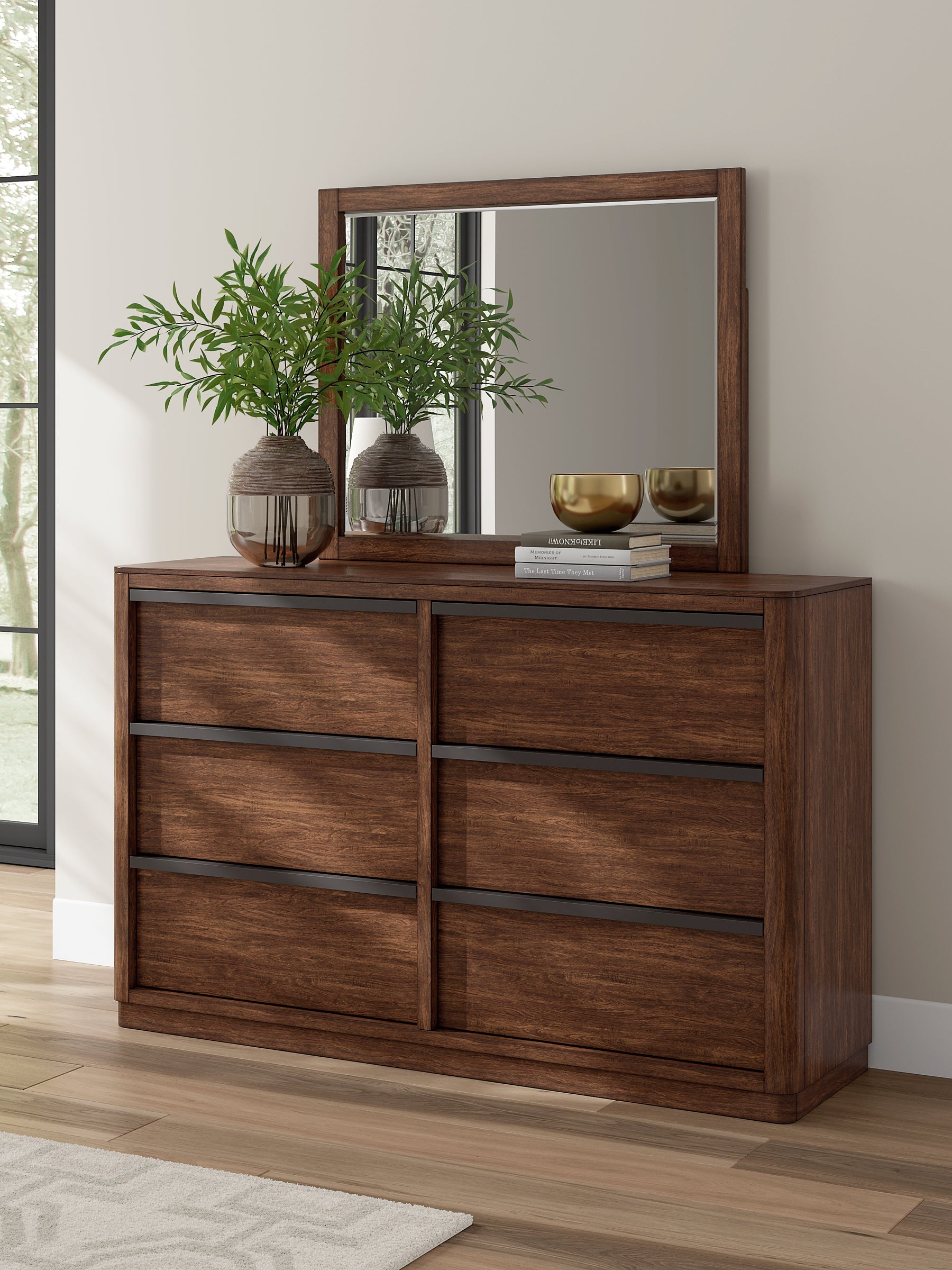 Dilenno Queen Canopy Bed with Mirrored Dresser and Nightstand