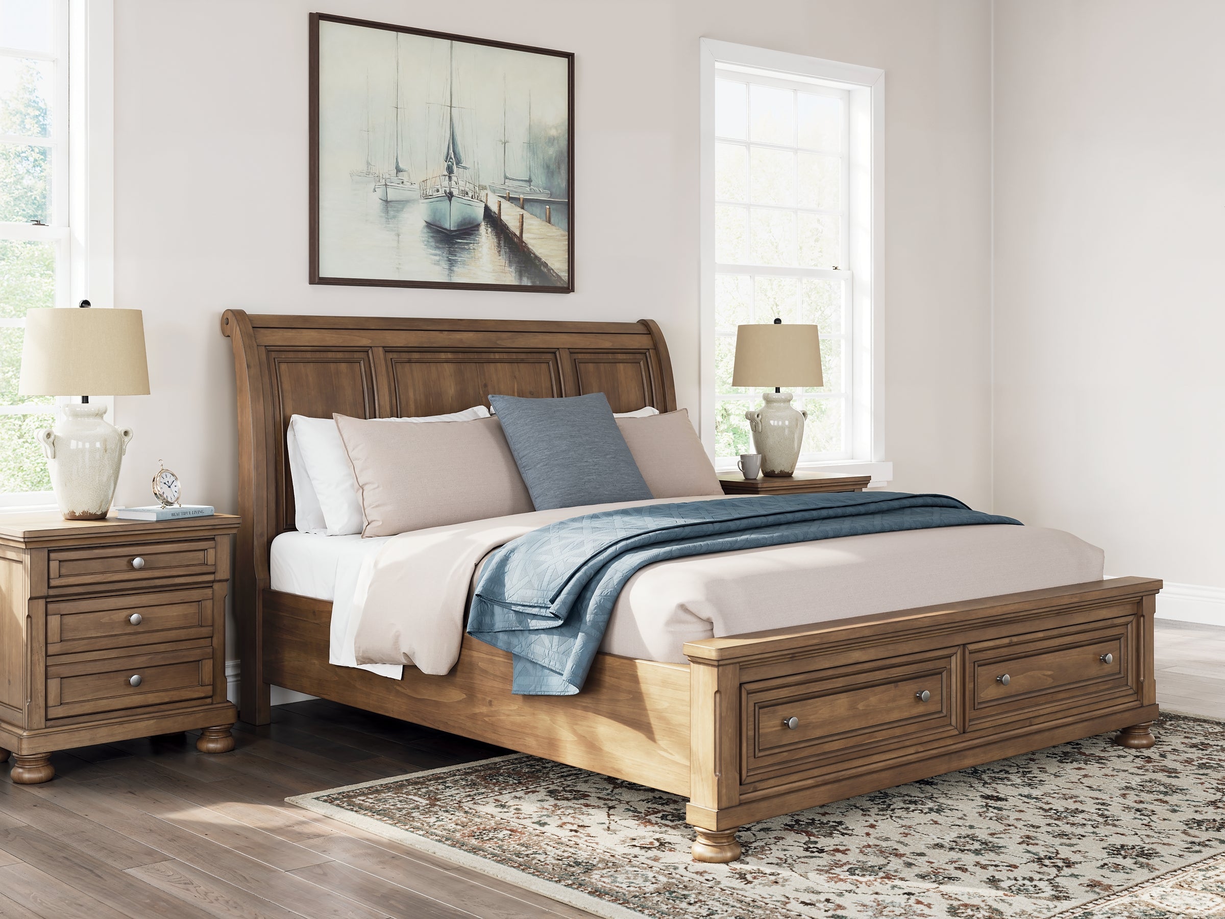 Feddinger California King Storage Sleigh Bed with Mirrored Dresser and Nightstand