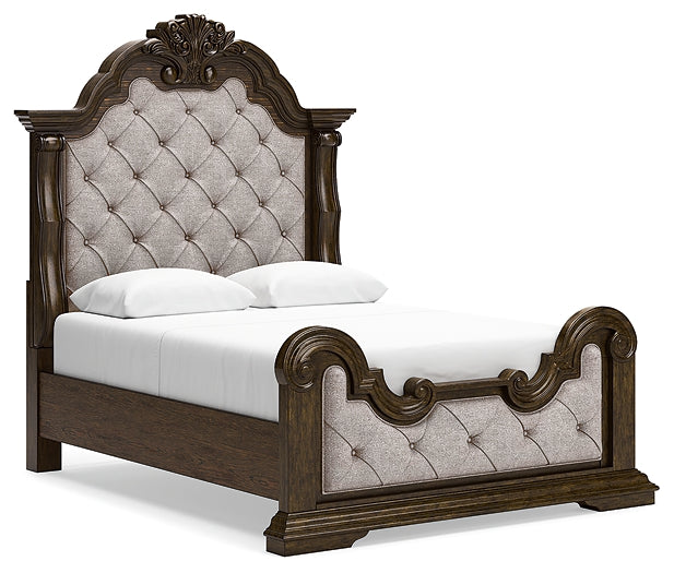 Maylee Queen Upholstered Bed with Mirrored Dresser and Chest