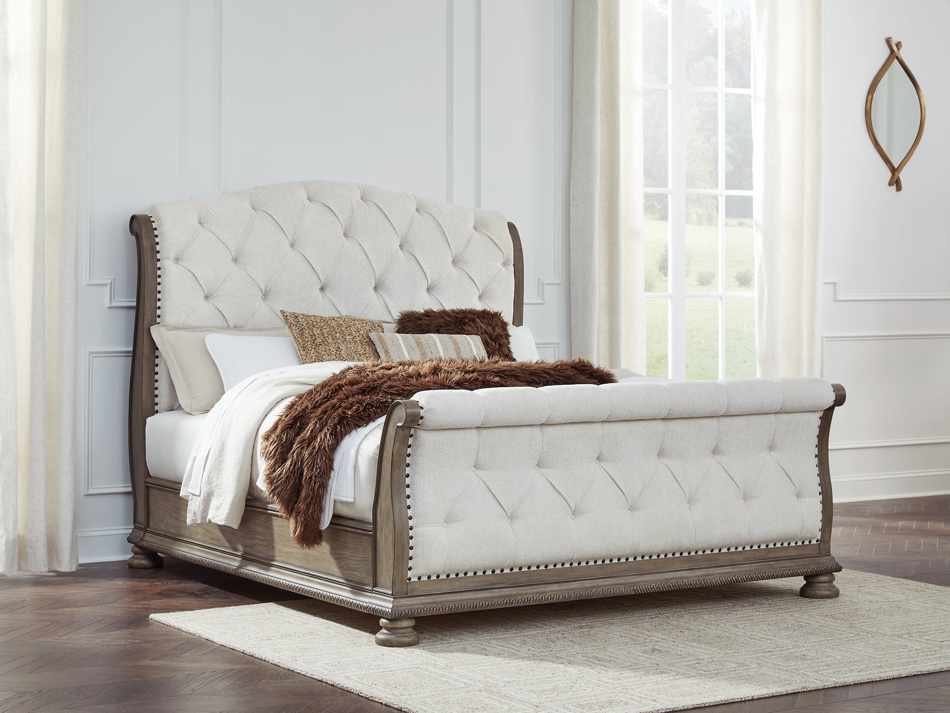 Ardenfield King Upholstered Sleigh Bed with Mirrored Dresser