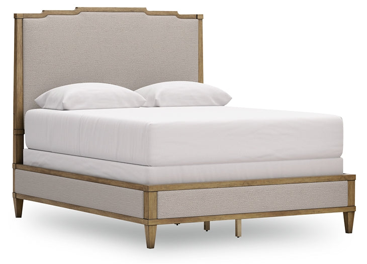 Sharlance Queen Upholstered Panel Bed with Mirrored Dresser