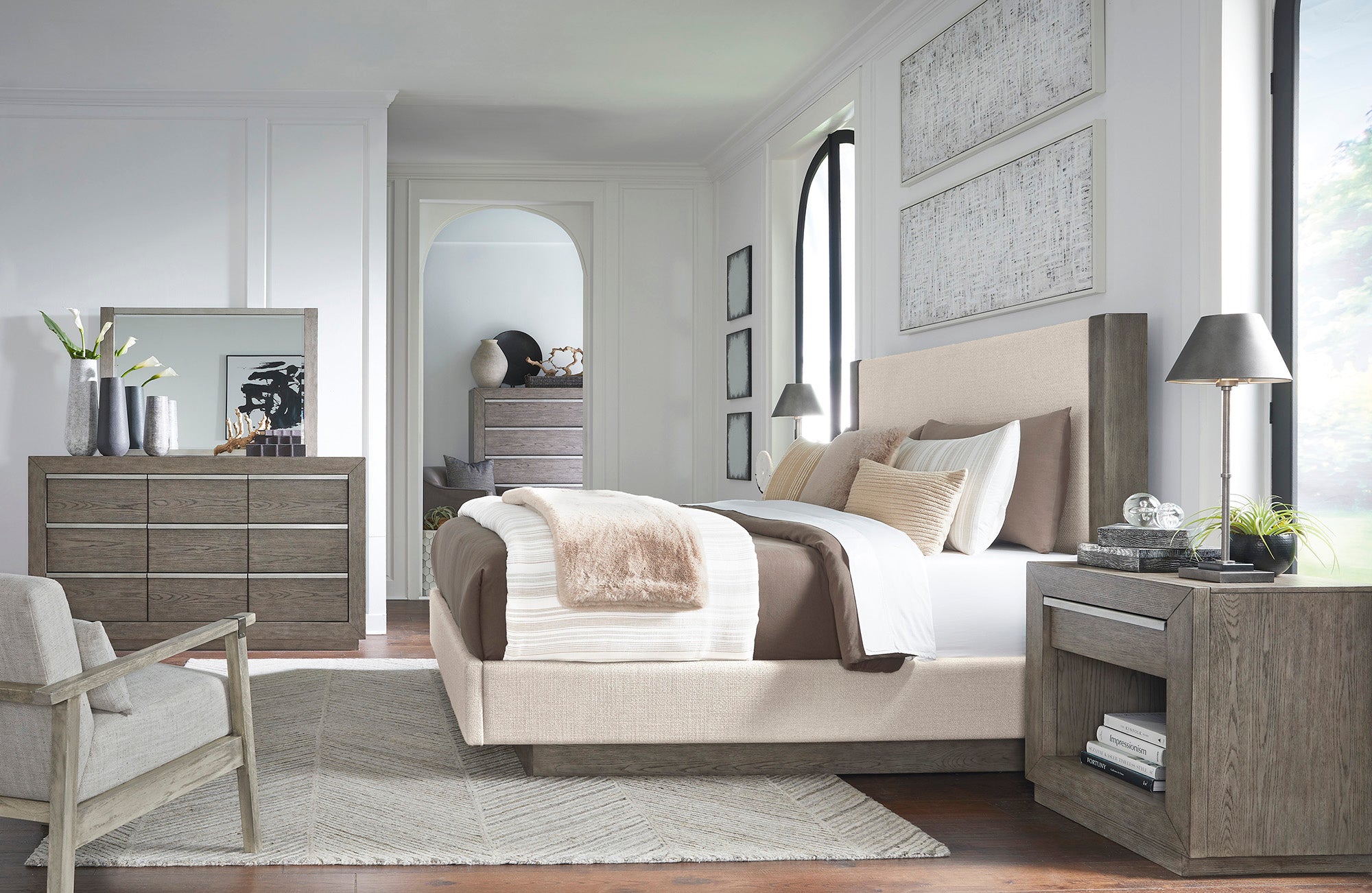 Anibecca Queen Upholstered Panel Bed with Mirrored Dresser