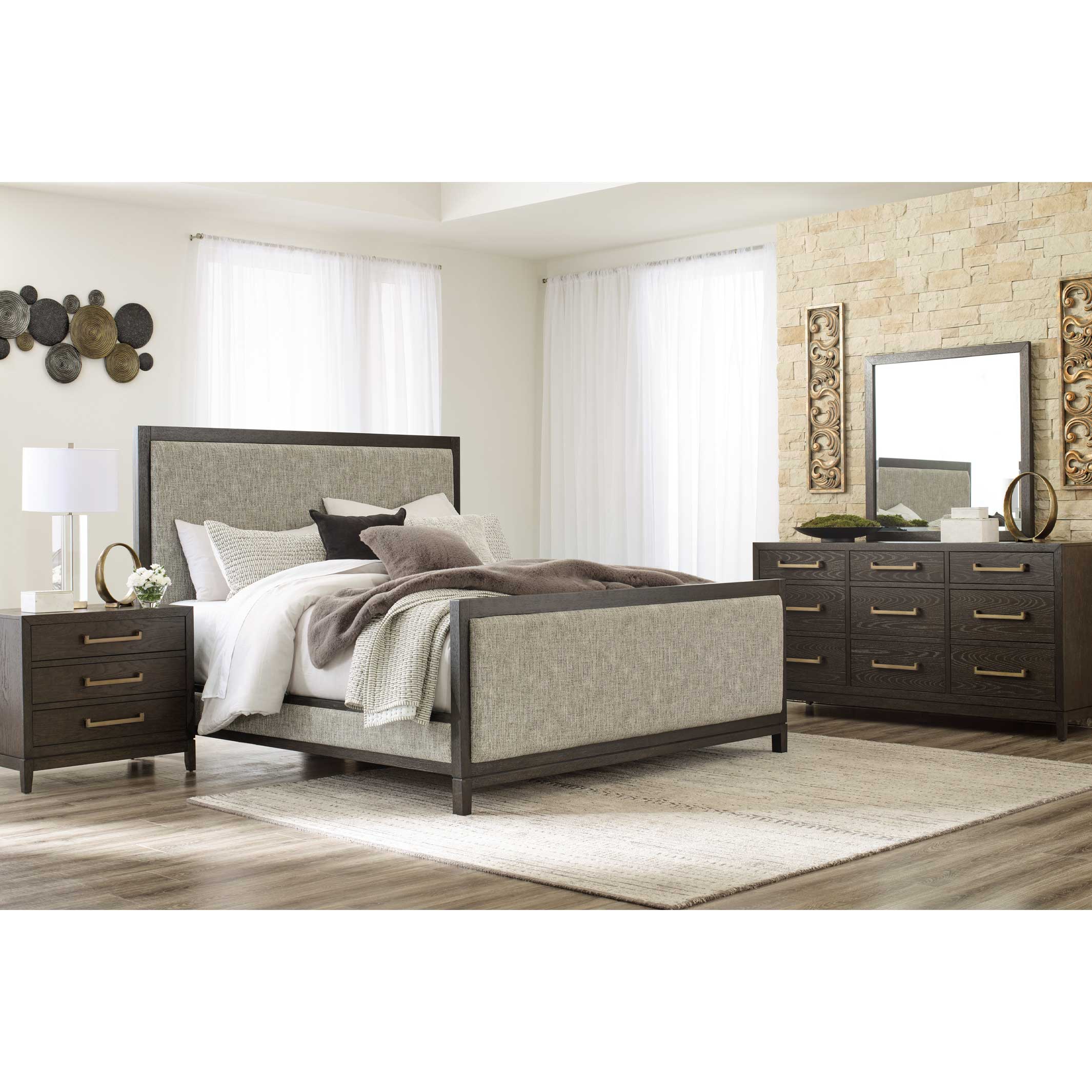 Burkhaus Queen Upholstered Bed with Mirrored Dresser