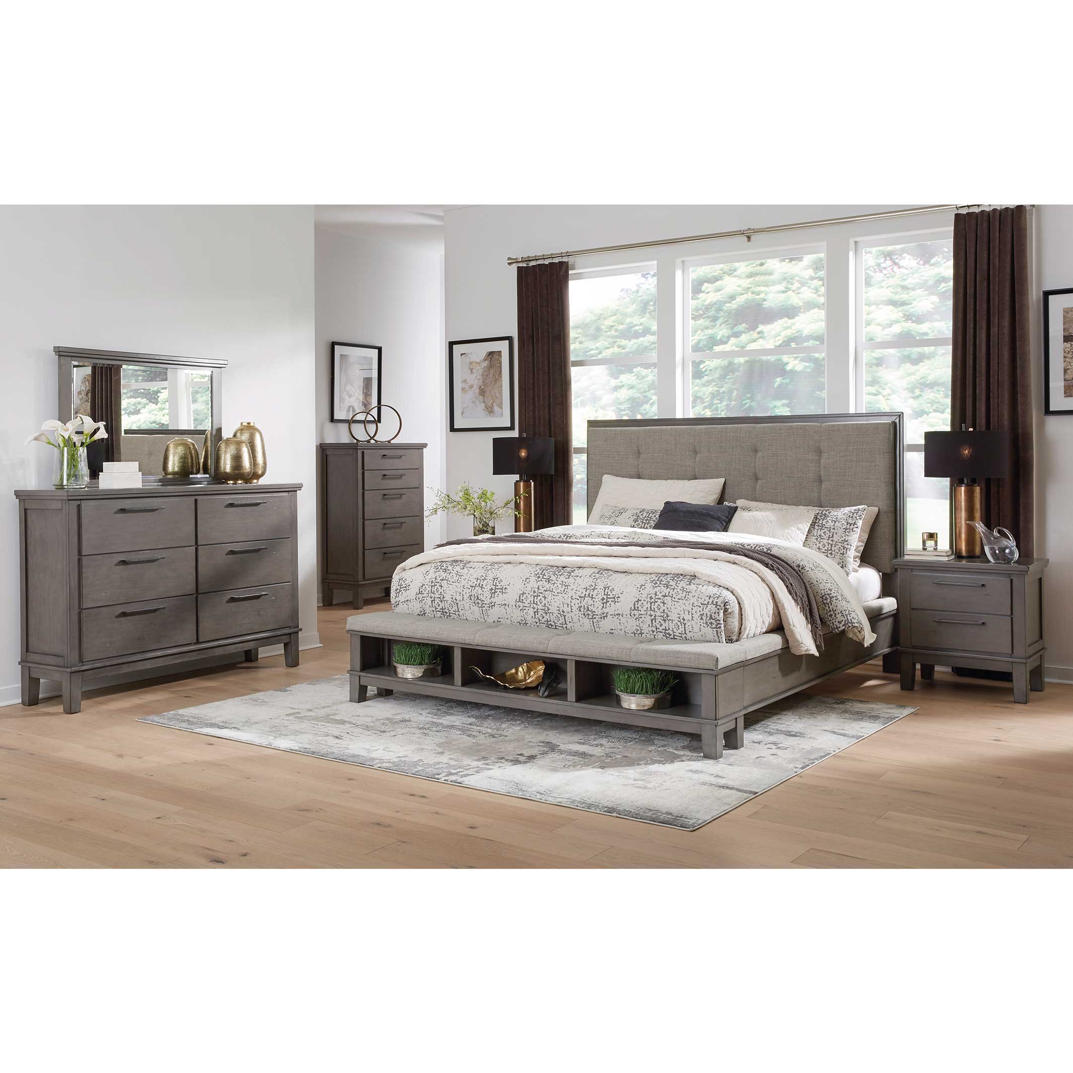 Hallanden Queen Panel Bed with Storage with Mirrored Dresser