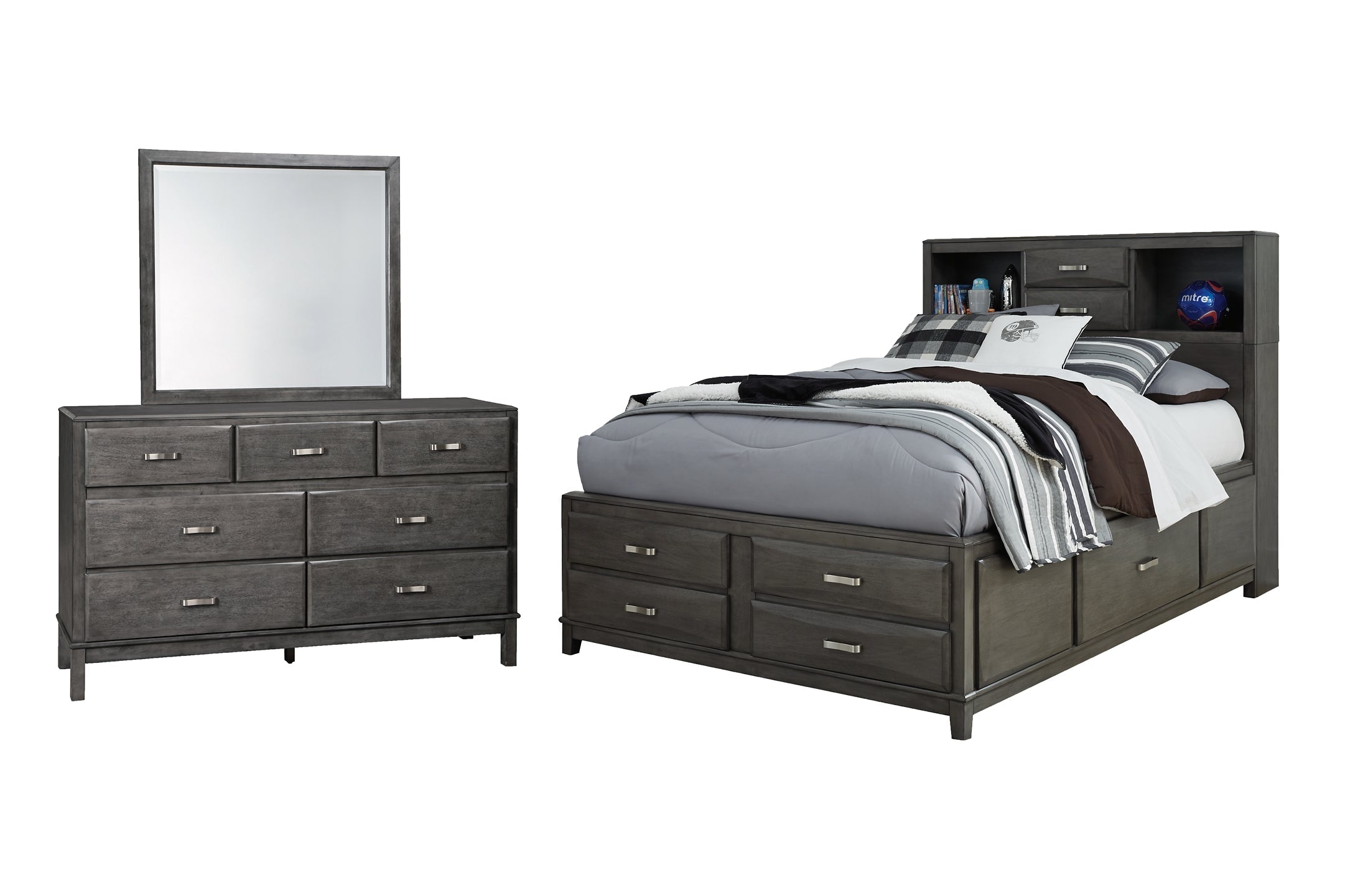 Caitbrook King Storage Bed with 8 Storage Drawers with Mirrored Dresser