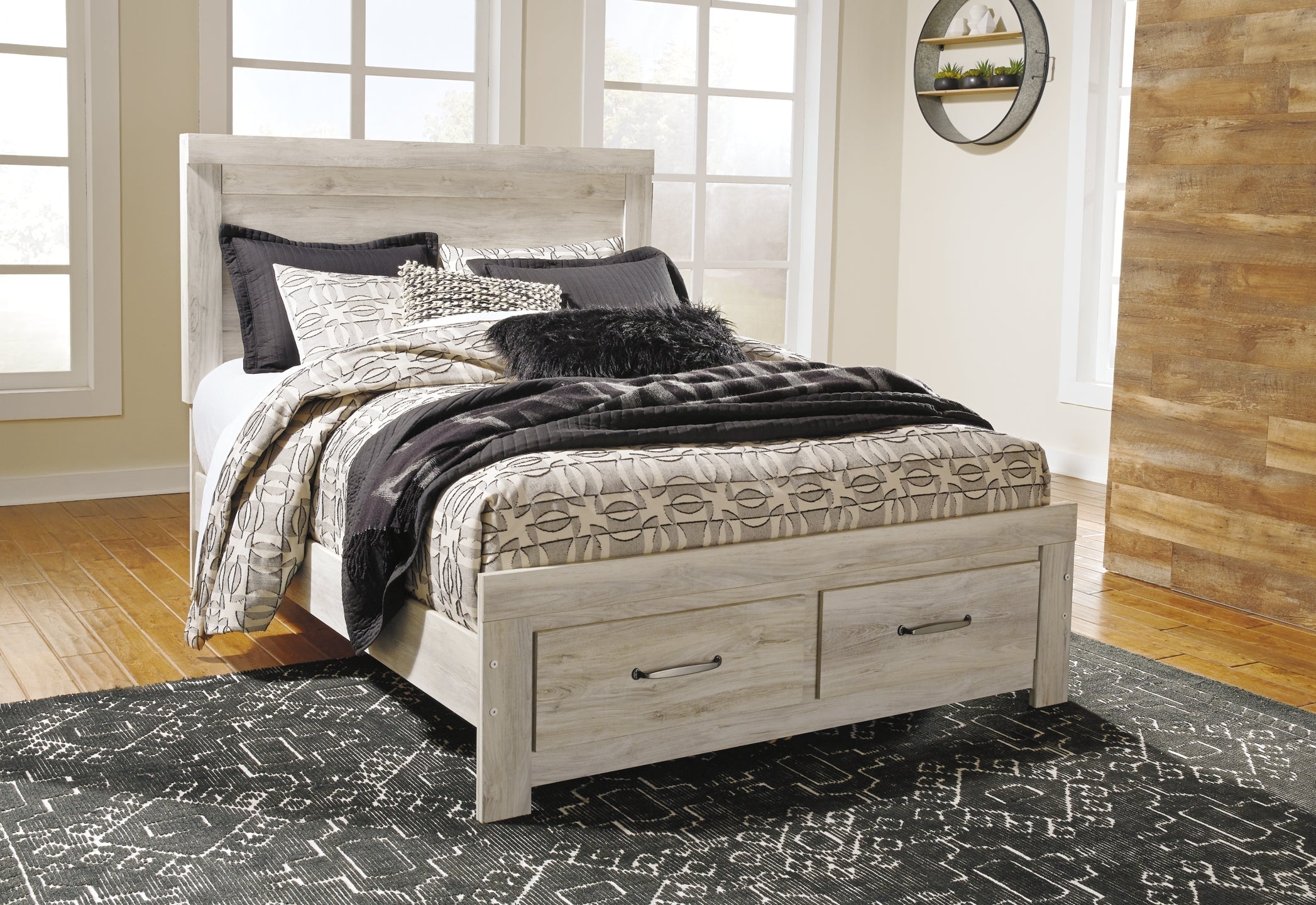 Bellaby Queen Platform Bed with 2 Storage Drawers with Mirrored Dresser