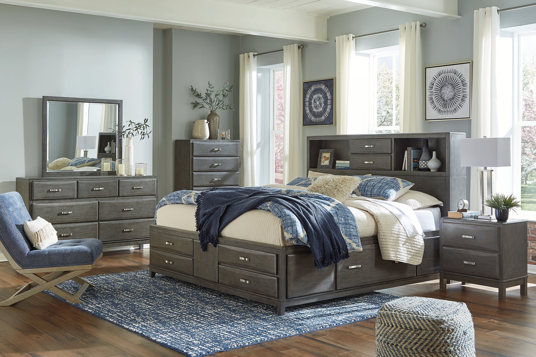 Caitbrook King Storage Bed with 8 Storage Drawers with Mirrored Dresser