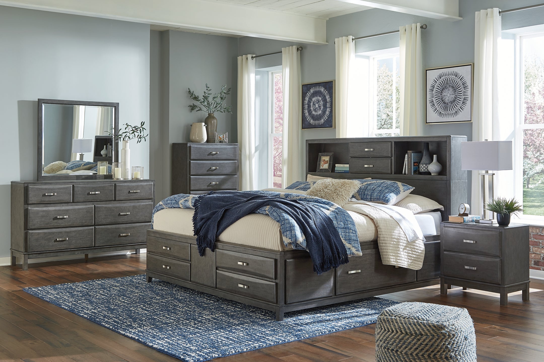 Caitbrook King Storage Bed with 8 Storage Drawers with Mirrored Dresser