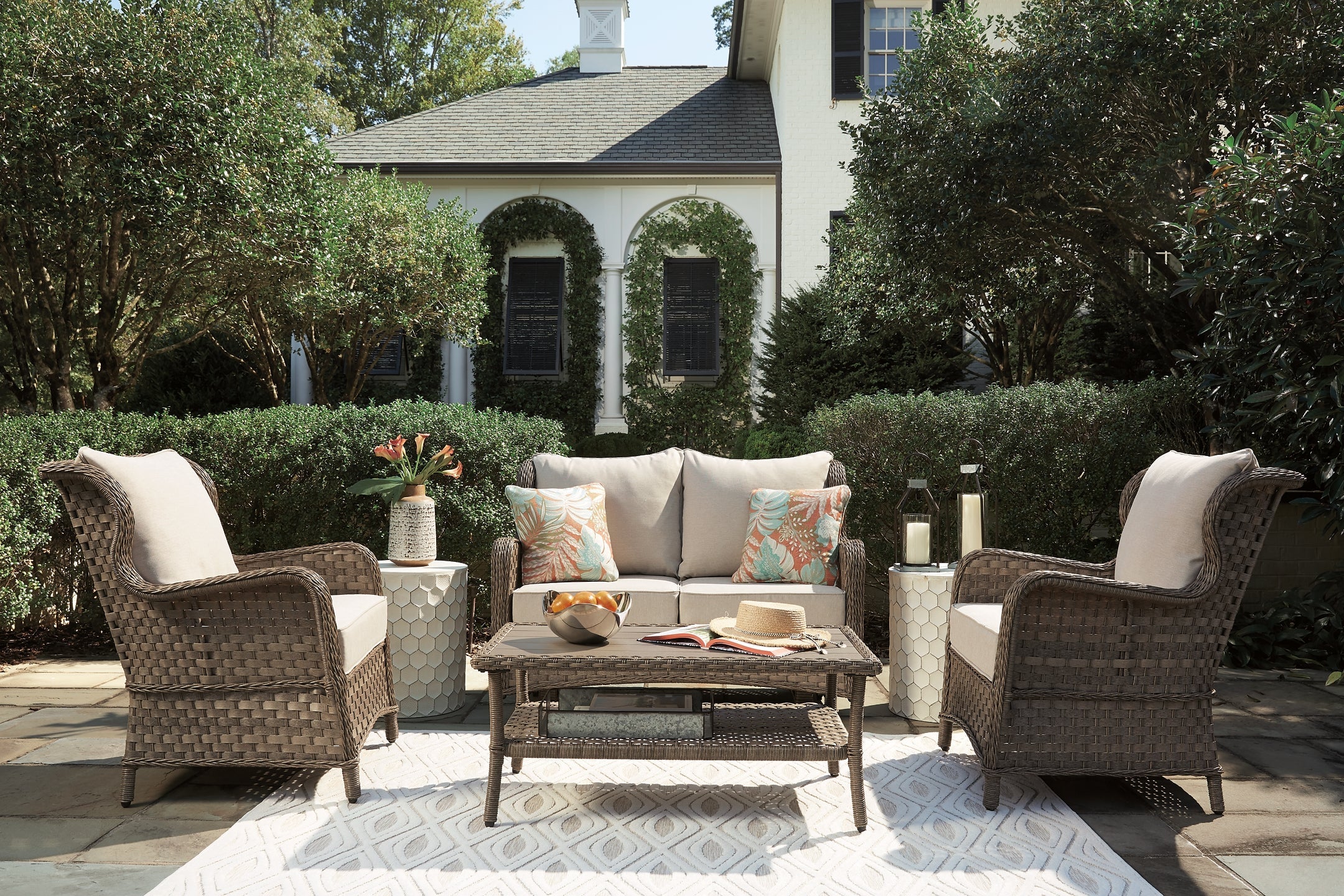 Clear Ridge Outdoor Loveseat and 2 Chairs with Coffee Table