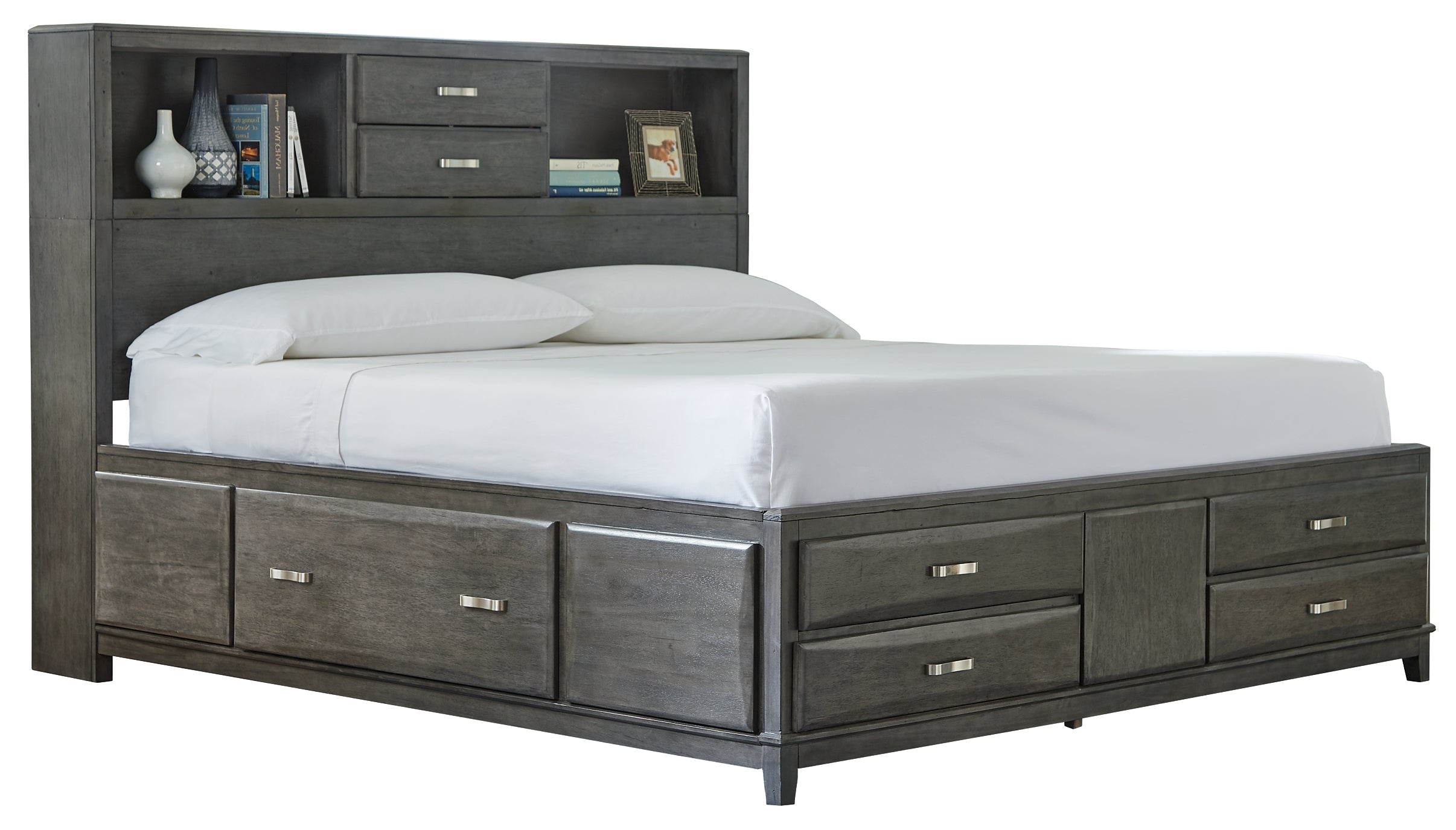 Caitbrook King Storage Bed with 8 Storage Drawers with Mirrored Dresser