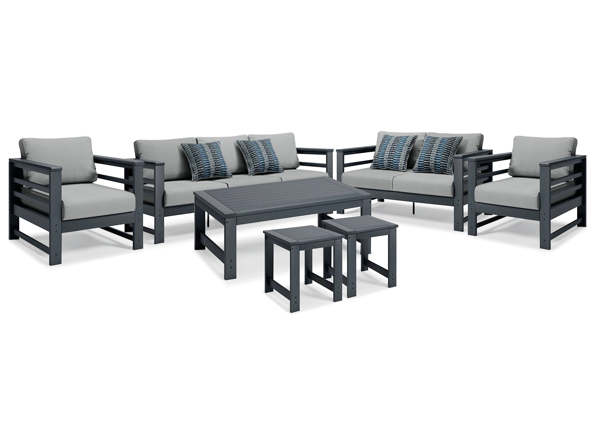 Amora Outdoor Sofa, Loveseat and 2 Lounge Chairs with Coffee Table and 2 End Tables